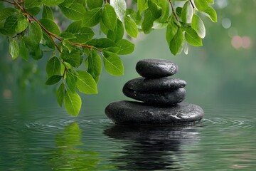 Serene stacked stones balance on rippling water beneath lush green foliage in a tranquil natural setting