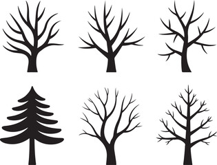 Obraz premium Set of Tree Silhouettes Vector – Deciduous and Evergreen Trees, Bare Winter Branches, Black Forest Icons