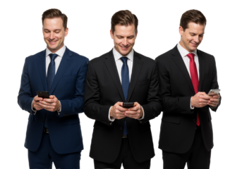 Business professionals collaborating while holding a smartphone, discussing ideas and strategies against a transparent background, AI generated.