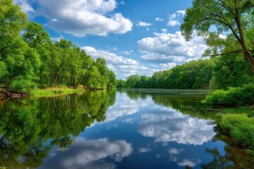 Serene river flowing through lush green forest under a vivid blue sky with fluffy clouds