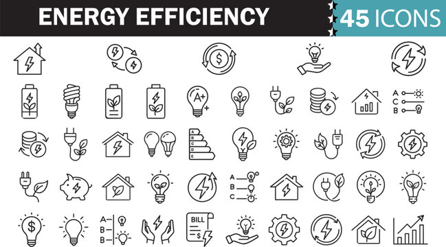 Energy Efficiency Line Editable Icons set. Vector illustration in modern thin line style of ecology related icons: energy saving light bulb, sustainability, electricity, and more