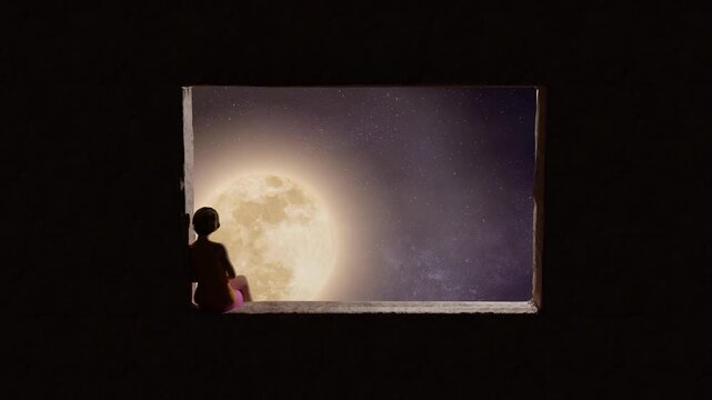 Girl sitting relaxed in a wide window at night and looking outside towards the full moon. Camera zooms into the window. 3D illustration