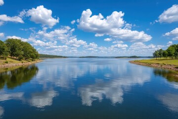 Vast tranquil lake reflecting fluffy white clouds and vibrant green trees under a bright blue sky