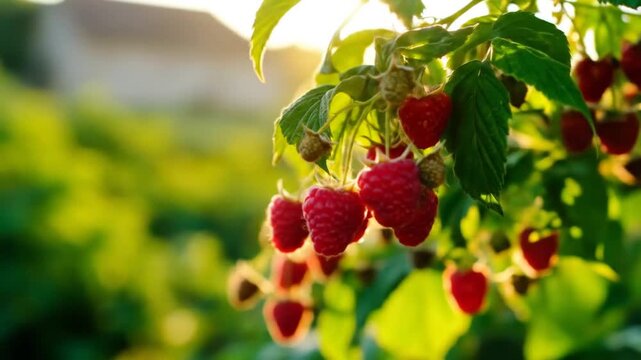 Close Up of Ripe Red Raspberries on Branch with Green Leaves in Sunlight with Bokeh Background in a Summer Garden