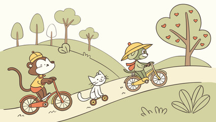 Fototapeta premium Monkey dog and cat riding bikes on a path in a park with trees and a hill in the background scene