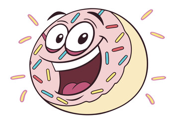 A cartoon donut with pink frosting and colorful sprinkles is smiling with a big open mouth