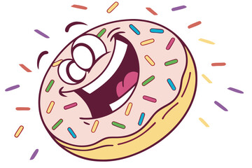 Cartoon donut with a big smile and sprinkles all around it on a white background in a vector image