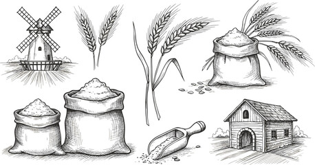Vintage sketch of windmill, wheat stalks, flour bags, rustic farmhouse, agriculture tools, countryside scene, grain harvest, rural farm life