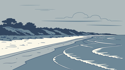 Illustration of a beach with waves and a treeline under a cloudy sky in muted blue tones