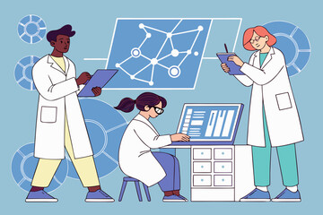 Illustration of three scientists in a lab coats working on research and analyzing data together in a lab