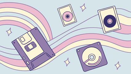 Aesthetic illustration of retro data storage devices with pastel rainbow background and stars around it