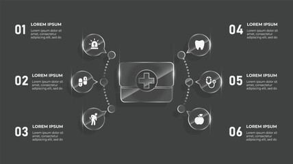 3D Glass Effect First Aid Box Medical Infographic, 6 Step Timeline Vector with Technology, Cloud, and Social Media Icons