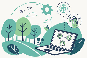 Illustration of a laptop with a network diagram in a nature scene with trees birds and clouds above it