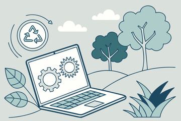 Laptop showing gears and sun with recycle symbol and trees in a nature landscape drawing