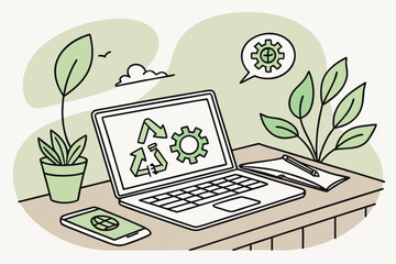 Illustration of a laptop displaying a recycle symbol and gear icon with plants and a phone nearby