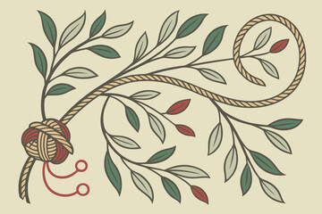 Illustration of a decorative branch with leaves and a rope tied in a knot and a curled end