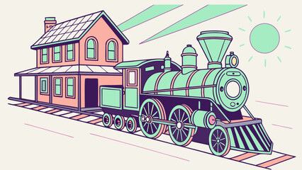 Vintage train at the station with sun shining and light rays in the background illustration