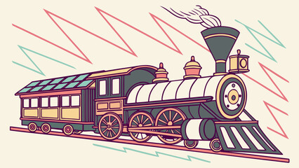 Illustration of a vintage steam train with a passenger car and zigzag lines in the background art style