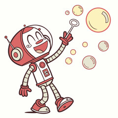 Cartoon astronaut blowing bubbles with a wand and smiling cheerfully in a playful scene illustration