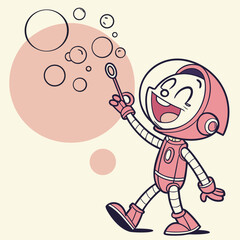 Cartoon astronaut happily blowing bubbles with a bubble wand on a light yellow background scene