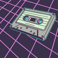 A retro cassette tape on a grid background with a synthwave aesthetic and a vintage feel to the image