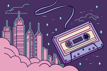 Illustration of a cassette tape floating above a city skyline at night with clouds and stars in the sky