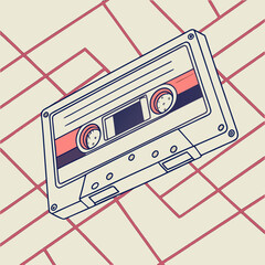 Angled view of a cassette tape with red and blue accents over a grid pattern background design