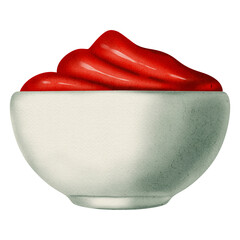 Watercolor drawing of tomato ketchup. Sauce. Tomato. Bottle or plate of ketchup. Watercolor drawing. Menu.	