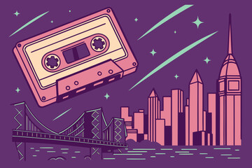 Retro cassette tape floating above a stylized city skyline with shooting stars and twinkling lights
