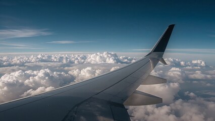 Obraz premium The wing of an airplane stretches through the soft clouds, capturing a breathtaking moment above the earth, where sky and metal meet in a serene and dreamy high-altitude view
