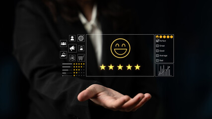 Customer feedback and satisfaction rating system showing star review, happy face, performance...