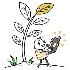 Cartoon man taking a picture with his phone of a plant with yellow leaves in a white background