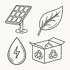 Illustration showing solar panel leaf water drop and recycle box in a simple line drawing style design