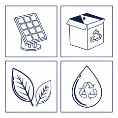 Four square panels with solar panel box leaves and water drop with recycling symbol in black outline