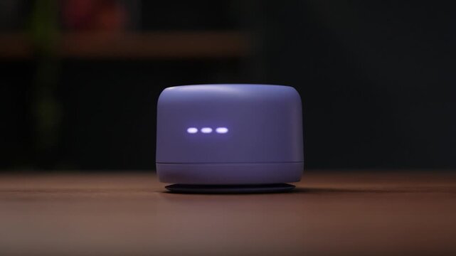 A small purple smart speaker with a clock
