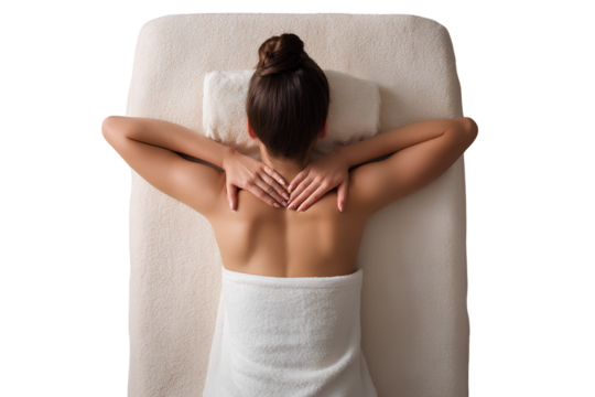 Top-Down View of Woman Getting Relaxing Back Massage with Towel Drape, Spa Setting, Transparent PNG
