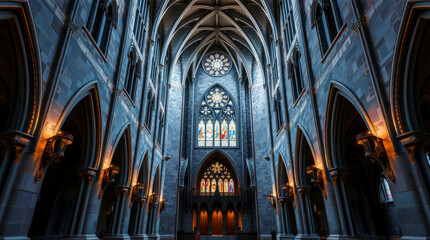 Fototapeta premium Breathtaking Gothic Cathedral Interior – Historic Sacred Architecture with Stained Glass Beauty, Soaring Arches, and Awe-Inspiring Spiritual Grandeur