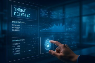 A hand interacts with a digital screen displaying cybersecurity threat detection, emphasizing data protection and secure access control systems