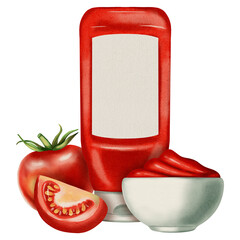 Watercolor drawing of tomato ketchup. Sauce. Tomato. Bottle or plate of ketchup. Watercolor drawing. Menu.	