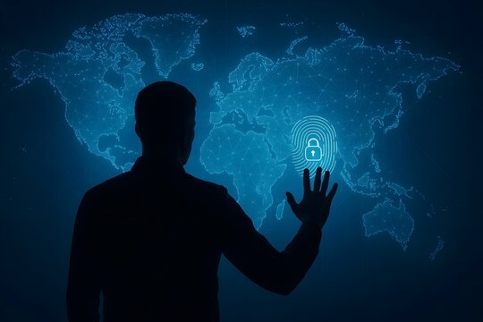 A silhouette interacts with a digital world map and fingerprint lock, symbolizing global cybersecurity and data protection