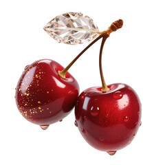 Two ripe cherries with water droplets and leaf isolated on transparent background