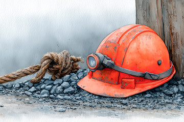 An orange hard hat rests on a gravel surface alongside a twisted rope, symbolizing labor, safety, and the rugged spirit of mining work.

