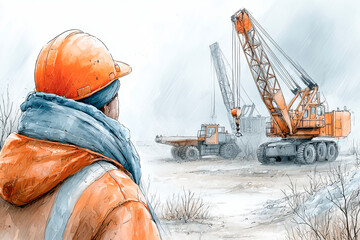 A construction worker in safety gear and an orange helmet observes cranes operating in a foggy, wintry landscape, symbolizing resilience and dedication.