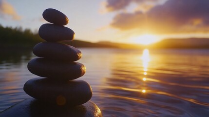Stacked stones on the water at sunset with a beautiful orange reflection