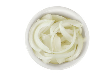 Onion slices in a ceramic bowl isolated on a white background. Top view. Flat lay.