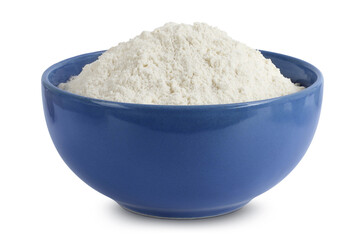 White flour in ceramic bowl isolated on white background