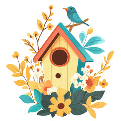 Interior view of a small birdhouse showing chicks waiting to be fed,  on transparent png  background. Ai generated