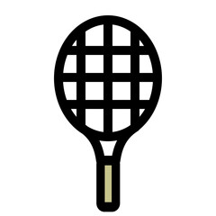 The bold vector illustration features a badminton racket with a black outline and net, providing a sporty symbol.