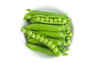 Fresh green pea pod with beans in ceramic bowl isolated on white background. Top view. Flat lay
