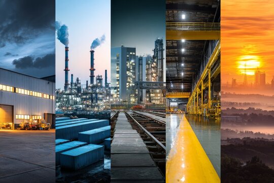 Collage of industrial factories and warehouses. Illustration of global international trade and commerce
